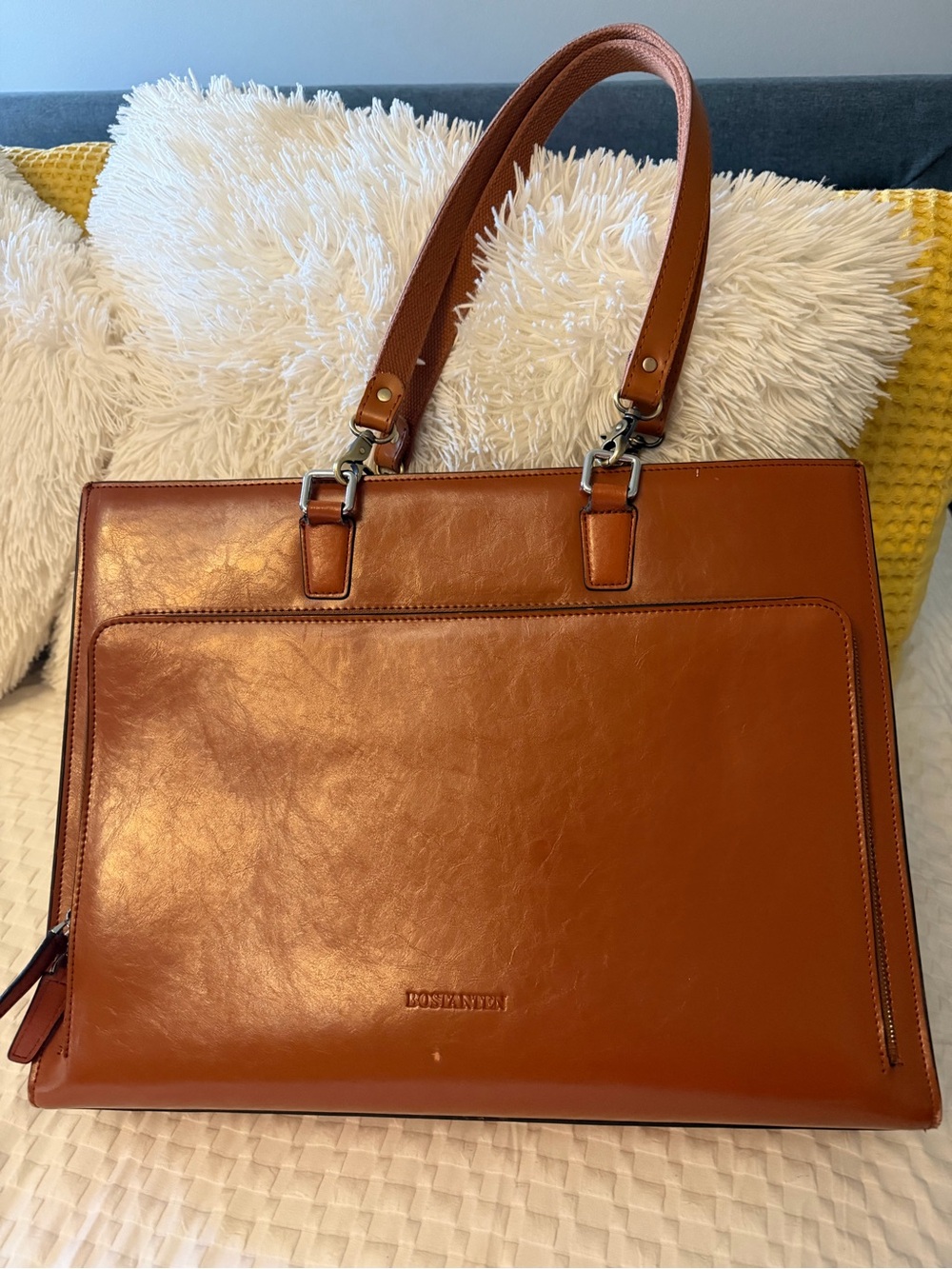 Leather Laptop Tote Bag in Brown by Bosanven